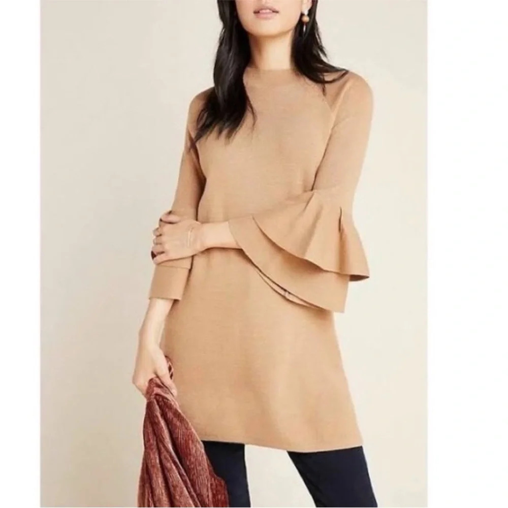 Anthropologie tan Claudette ruffled sweater dress med